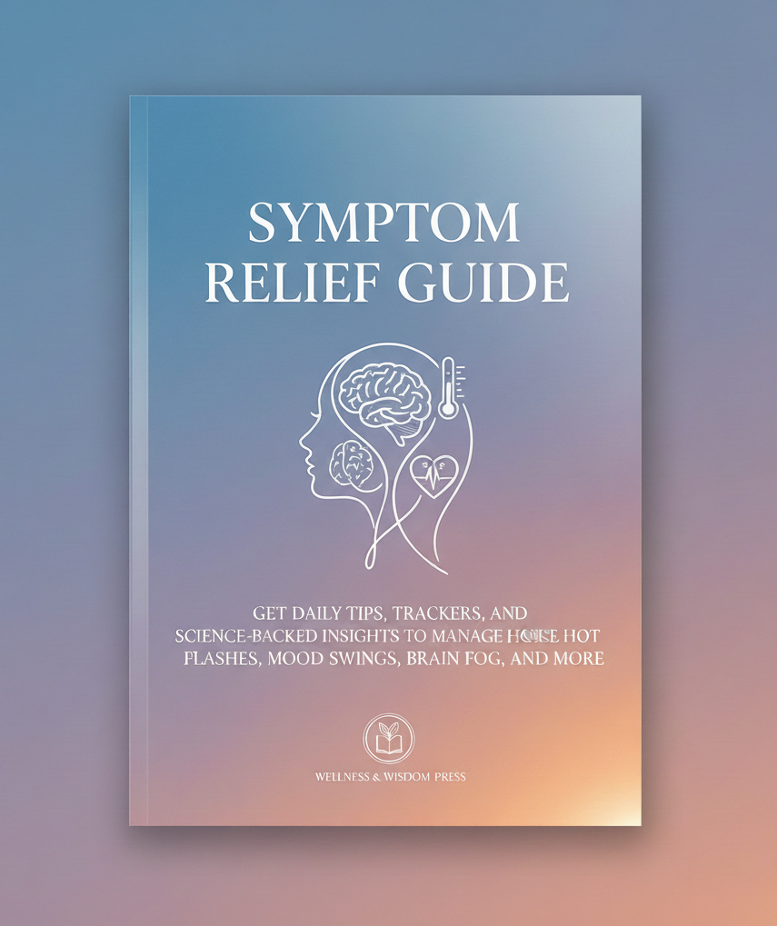 A professional e-book cover for the Symptom Relief Guide with botanical illustrations.